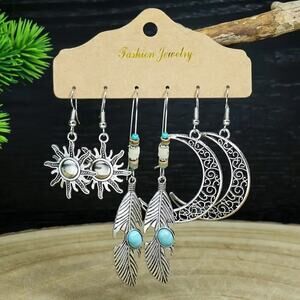 NEW Boho Celestial Silver Dangle Earrings Set, Sun, Moon & Feather w/ Turquoise